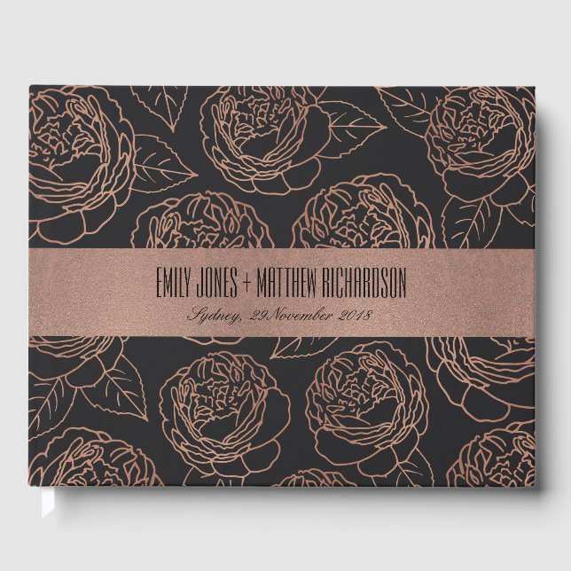 LUXE BLUSH PINK ROSE GOLD BLACK FLORAL WEDDING GUEST BOOK (Front)
