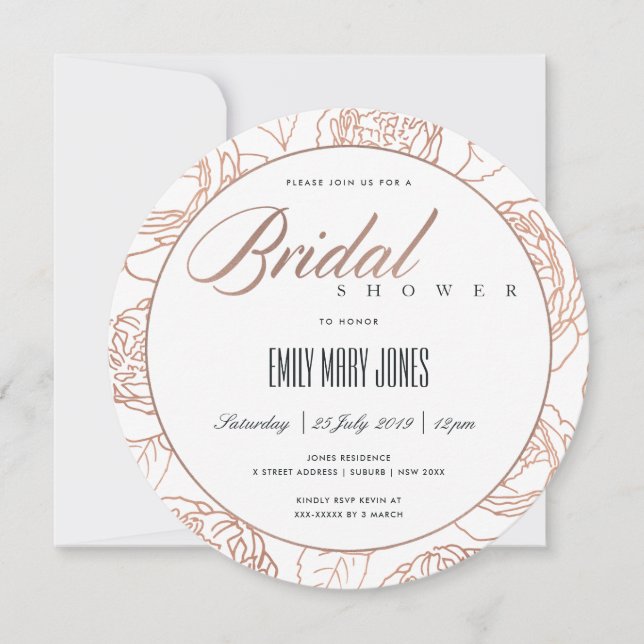 LUXE BLUSH PINK ROSE GOLD FLORAL BRIDAL SHOWER INVITATION (Front)