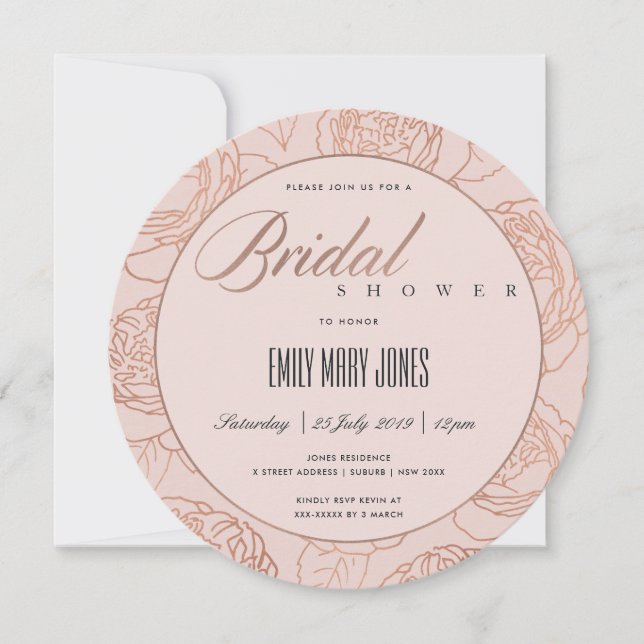 LUXE BLUSH PINK ROSE GOLD FLORAL BRIDAL SHOWER INVITATION (Front)