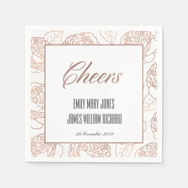 LUXE BLUSH PINK ROSE GOLD FLORAL CHEERS WEDDING NAPKIN (Front)