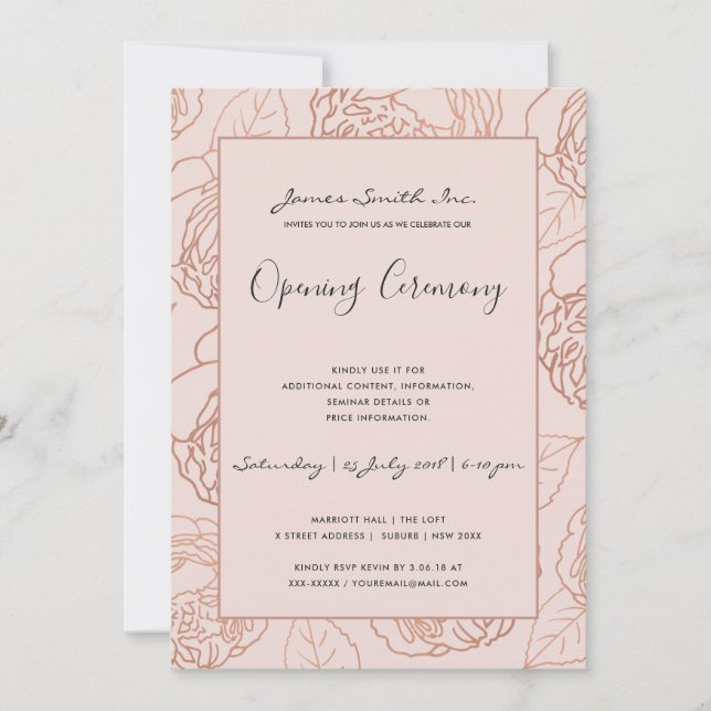 LUXE BLUSH PINK ROSE GOLD FLORAL OPENING CEREMONY INVITATION (Front)