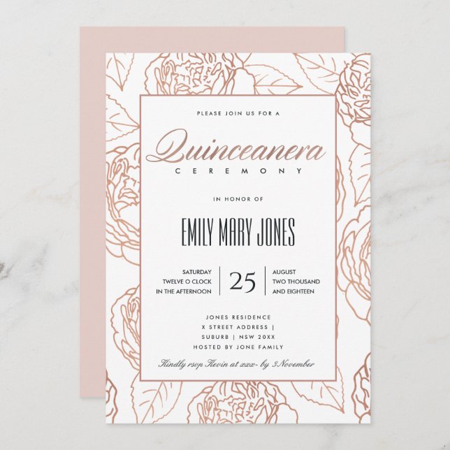 LUXE BLUSH PINK ROSE GOLD FLORAL QUINCEANERA INVITATION (Front/Back)