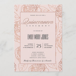 LUXE BLUSH PINK ROSE GOLD FLORAL QUINCEANERA INVITATION