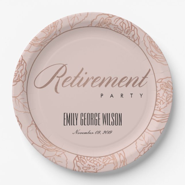 LUXE BLUSH PINK ROSE GOLD FLORAL RETIREMENT PAPER PLATE (Front)