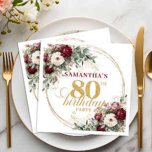 Luxe Boho Burgundy Floral Gold 80th Birthday Napkin
