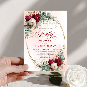 Luxe Boho Maroon Floral Gold Baby Shower Invitatio Invitation