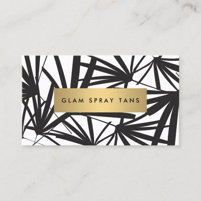 Luxe Bold Black and White Palm Leaves Spray Tan Business Card (Front)