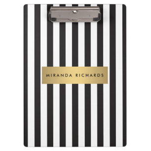 Luxe Bold Black and White Stripes with Gold Bar Clipboard