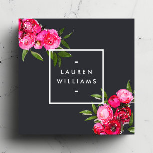 Luxe Bold Watercolor Roses on Grey Square Business Card