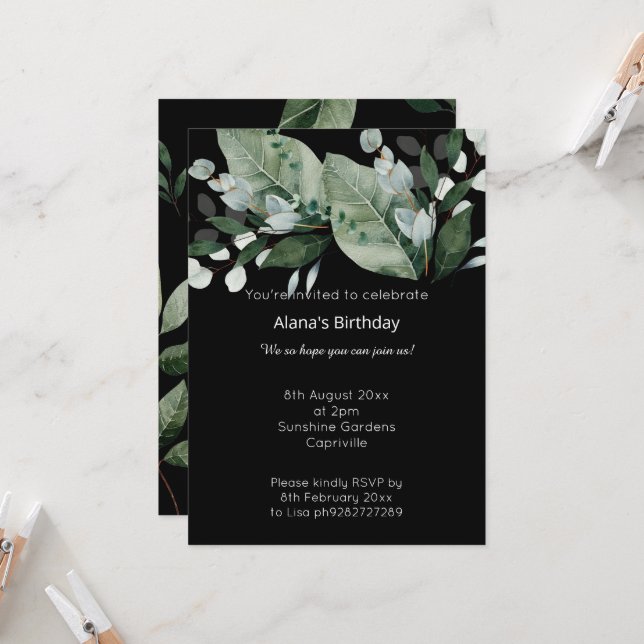 LUXE BOTANICAL BLACK SAGE BIRTHDAY  INVITATION (Front/Back In Situ)