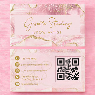 Luxe Brow Artist Blush Pink Gold Agate QR Code Business Card