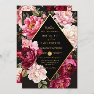 Luxe Burgundy and Blush Pink Peony Floral Wedding Invitation