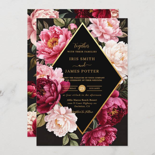 Luxe Burgundy and Blush Pink Peony Floral Wedding Invitation (Front/Back)