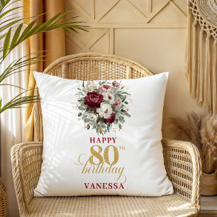 Luxe Burgundy Blush 80th Birthday Floral Pillow