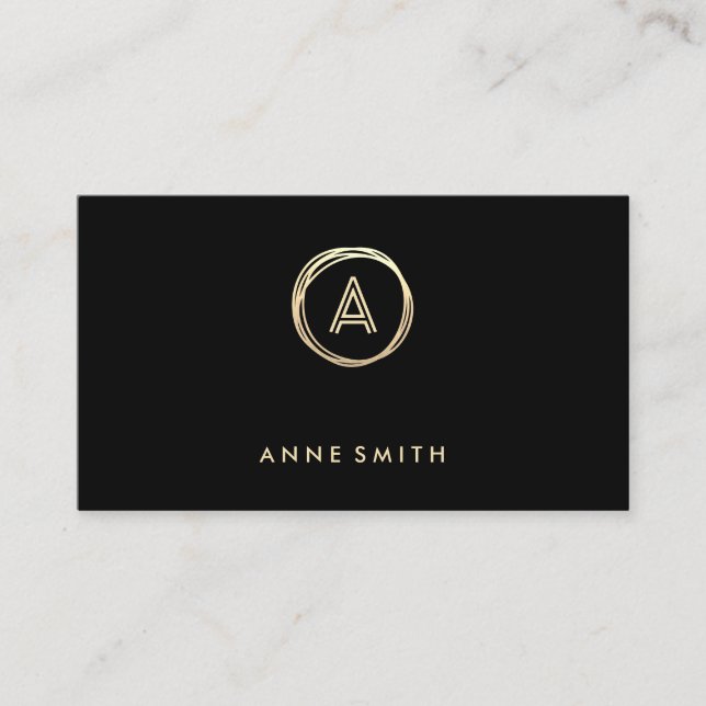 Luxe Chic Gold Circle Modern Monogram Black Business Card (Front)