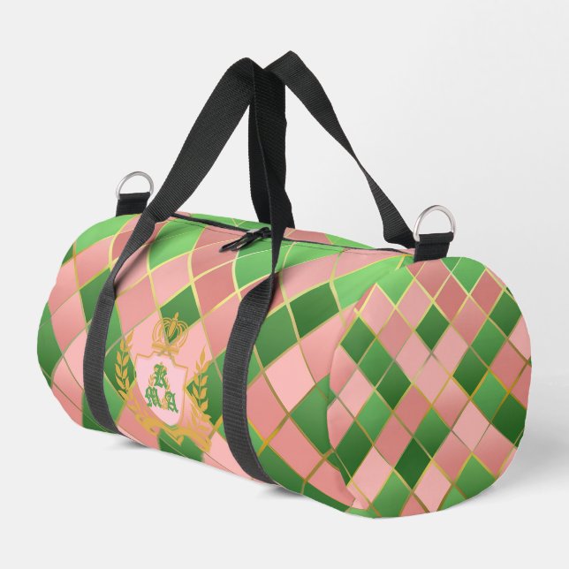 Luxe Chic Preppy Pink Green Argyle Monogram Crest Duffle Bag (Left Corner)
