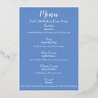 Luxe Cornflower Blue Gold Cocktail Party Menu