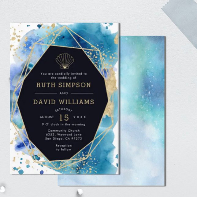 Luxe Dark Blue and Gold Ocean Wedding Invitation (Creator Uploaded)