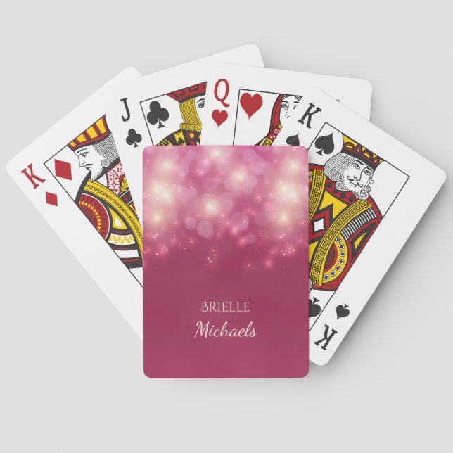 Luxe Dark Pink Glamour Bokeh Sparkles With Name Playing Cards (Back)