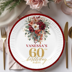 Luxe Deep Red Gold Floral 60th Birthday Paper Plat Plate