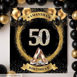 Luxe Diamond Numbers Backdrop with Gold Balloons Tapestry