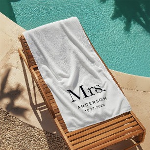 Luxe Elegance Black and White Mrs and Wedding Date Beach Towel