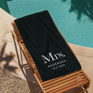Luxe Elegance Black   Mrs and Wedding Date Beach Towel