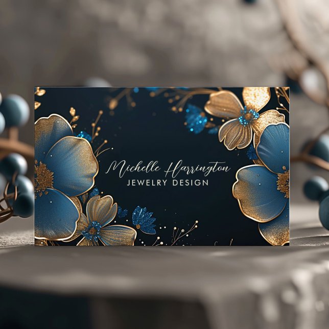 Luxe Elegance Gold and Blue Floral Jewellery Desig Business Card (Creator Uploaded)