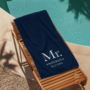 Luxe Elegance Navy Blue   Mister and Wedding Date Beach Towel