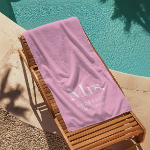 Luxe Elegance Pink   Mrs and Wedding Date Beach Towel