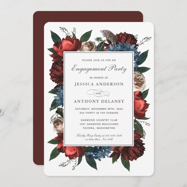 Luxe Elegant Floral Frame Engagement Party Invitation (Front/Back)
