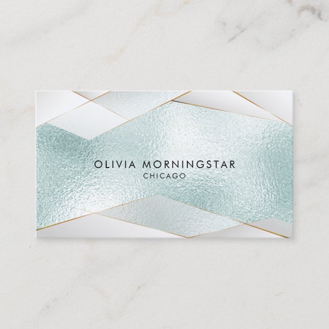 Luxe Elegant Ocean Aqua Blue Gold White Facets Business Card (Front)