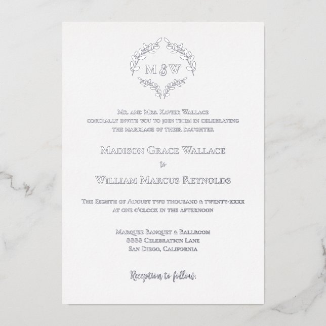  Luxe Elegant Wreath Monogram White Silve Wedding  (Front)