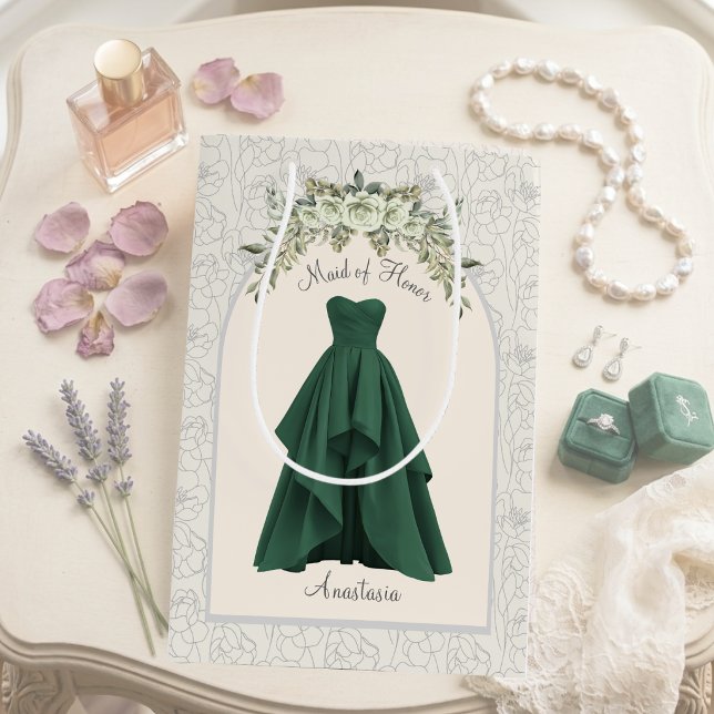 Luxe Emerald Green Maid of Honour Personalised Medium Gift Bag (Luxe Maid of Honor proposal gift bag personalized forest green wedding party gift packaging)