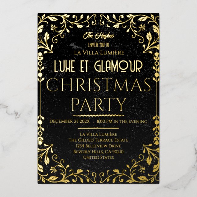 Luxe et Glamour Black Gold Christmas Invitation (Front)