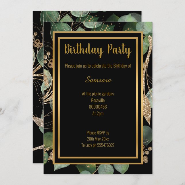 LUXE EUCALYPTUS BLACK GREEN INVITATION (Front/Back)