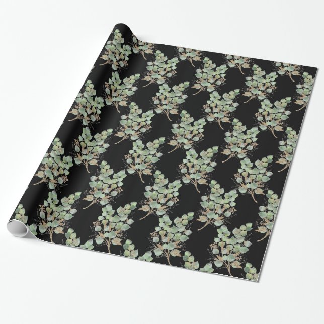 LUXE EUCALYPTUS BLACK WRAPPING PAPER  (Unrolled)