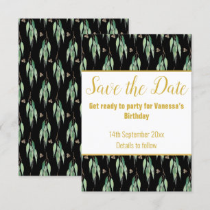 LUXE EUCALYPTUS PATTERN BLACK SAVE THE DATE RSVP  CARD