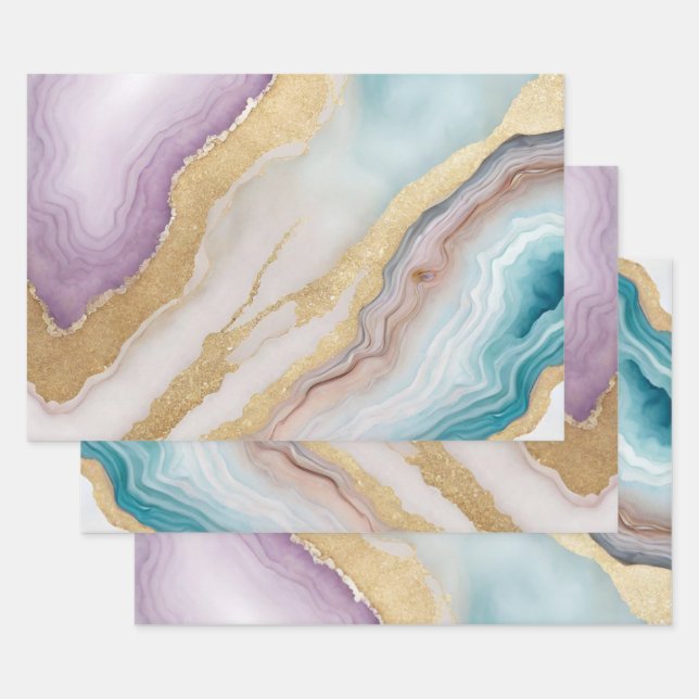 Luxe Faux Gold Glitter, Turquoise & White Marble  Wrapping Paper Sheet (Set)