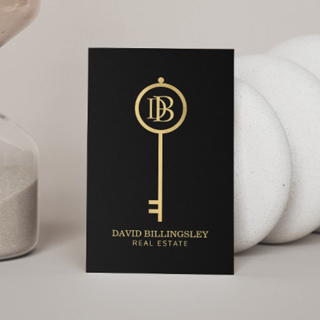 Luxe Faux Gold Skeleton Key Monogram Realtor Business Card (Creator Uploaded)