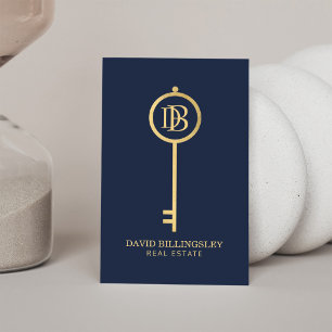 Luxe Faux Gold Skeleton Key Monogram Realtor Navy Business Card