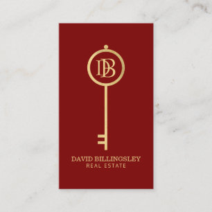 Luxe Faux Gold Skeleton Key Monogram Realtor Red Business Card