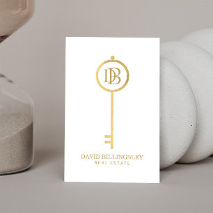 Luxe Faux Gold Skeleton Key Monogram Realtor White Business Card