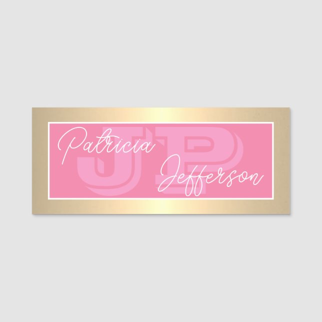 Luxe Flamingo Pink Gold Monogram Business Name Tag (Front)