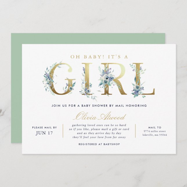 Luxe Floral Girl Baby Shower by Mail Invitation (Front/Back)