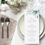 Luxe Floral Wedding Menu Card<br><div class="desc">Custom printed wedding menu cards. Use the design tools to personalise the layout,  background colours and text with your wedding menu details. This elegant design features a watercolor floral border of succulent greenery and blooms with gold and navy text.</div>