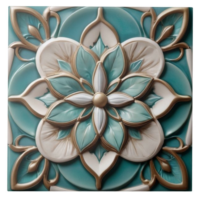 Luxe Flower Faux Relief Floral Turquoise & White Ceramic Tile (Front)