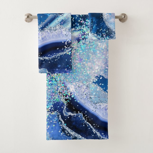 Luxe Gemstone Marble Blue Glitter Agate Bath Towel Set (Insitu)