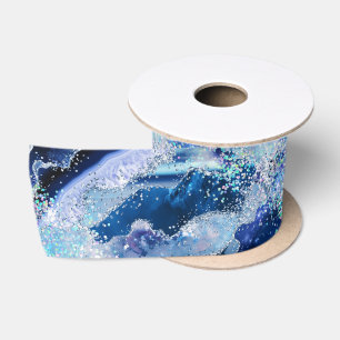 Luxe Gemstone Marble Blue Glitter Agate Satin Ribbon
