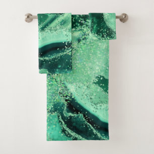 Luxe Gemstone Marble Green Glitter Agate Bath Towel Set